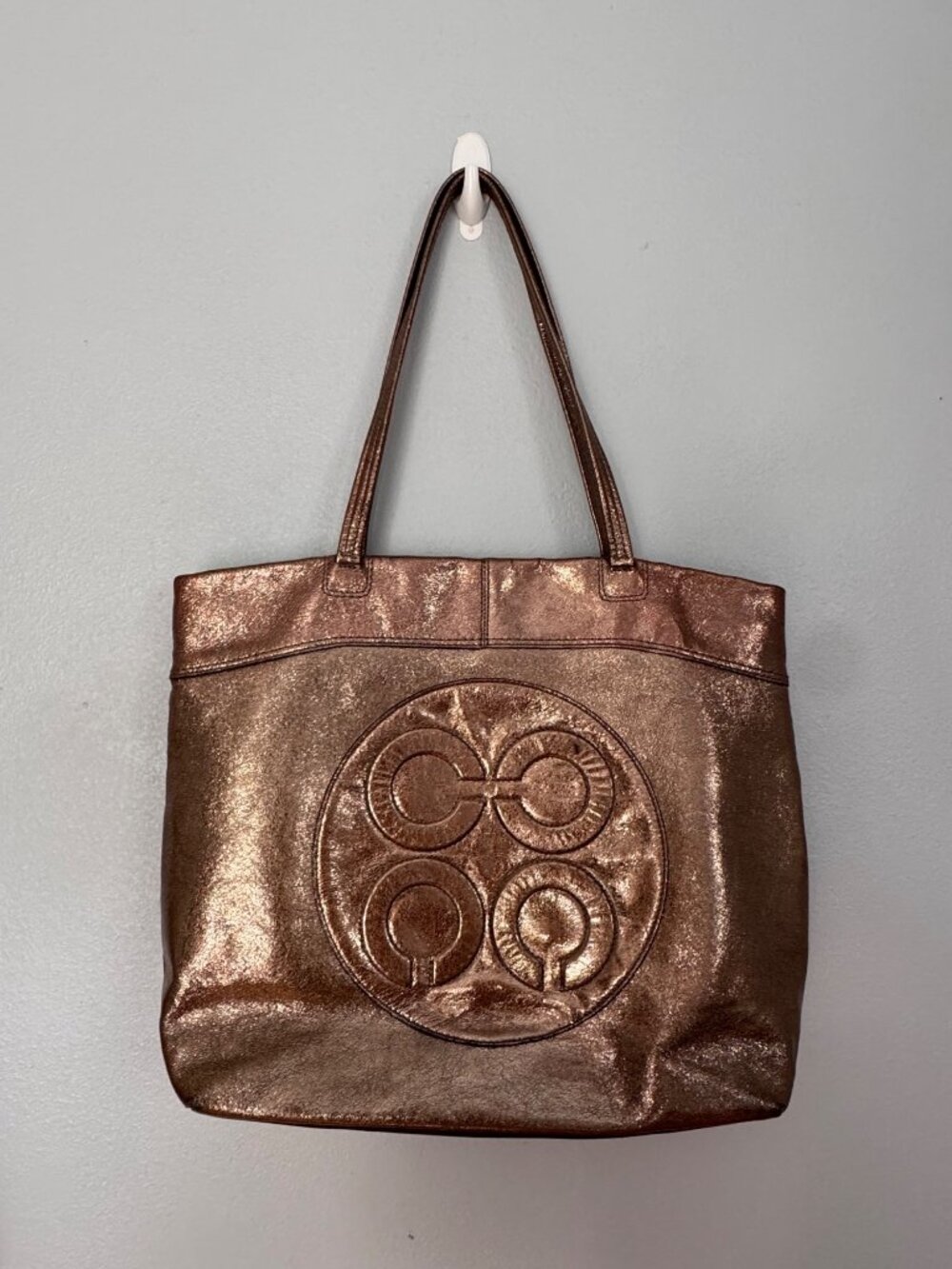 COACH Bag Op Art Julia Perry Metallic Gold Leather Laura Embossed Tote Purse - Picture 3 of 12